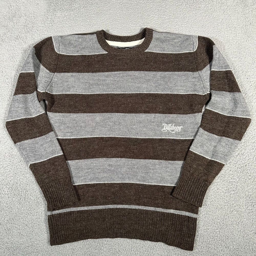 Billabong Sweater Mens Medium Brown Gray Striped Wool‎ Acrylic Y2K Pullover Crew